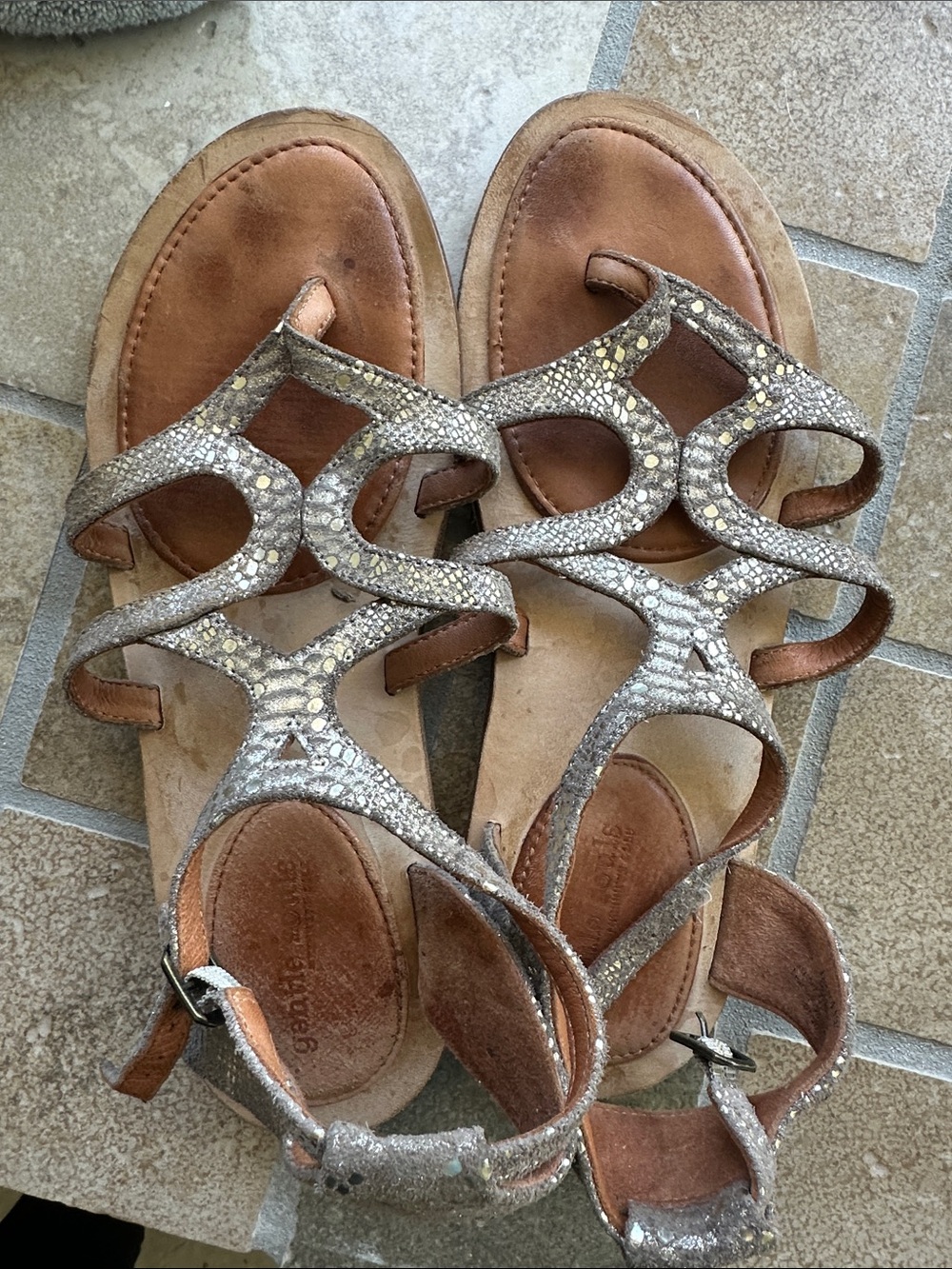 gentle souls Metallic Taupe and Brown Leather Gladiator Sandals